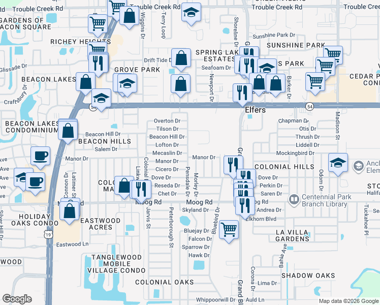 map of restaurants, bars, coffee shops, grocery stores, and more near 3728 Pensdale Drive in NEW PRT RCHY