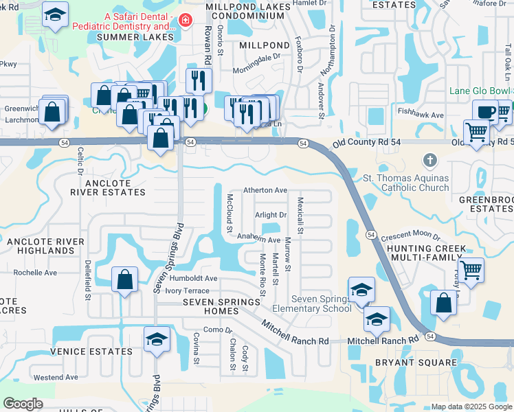map of restaurants, bars, coffee shops, grocery stores, and more near 7638 Antioch Drive in New Port Richey