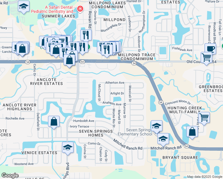 map of restaurants, bars, coffee shops, grocery stores, and more near 7638 Antioch Drive in New Port Richey