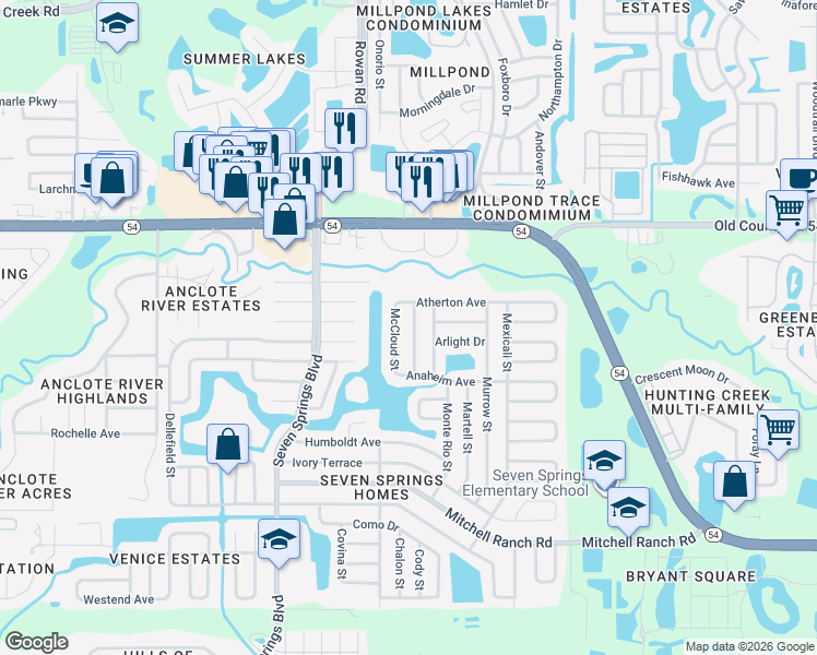 map of restaurants, bars, coffee shops, grocery stores, and more near 3733 Mendocino Street in New Port Richey