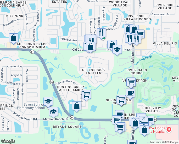 map of restaurants, bars, coffee shops, grocery stores, and more near 3731 Montclair Drive in New Port Richey
