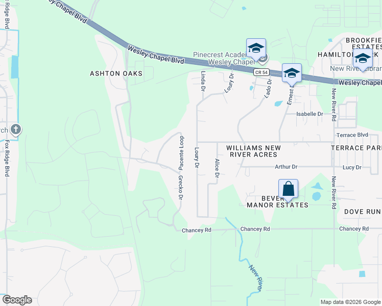 map of restaurants, bars, coffee shops, grocery stores, and more near 3849 Loury Drive in Zephyrhills