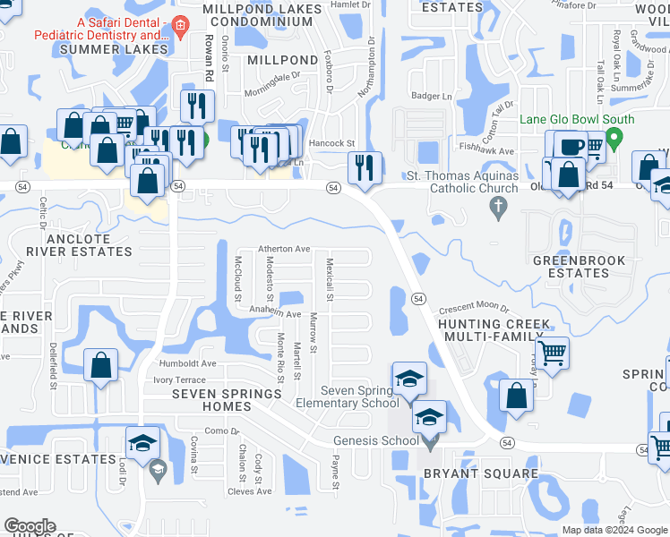 map of restaurants, bars, coffee shops, grocery stores, and more near 7818 Aden Loop in New Port Richey