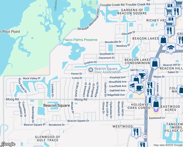 map of restaurants, bars, coffee shops, grocery stores, and more near 3741 Bradford Drive in Holiday