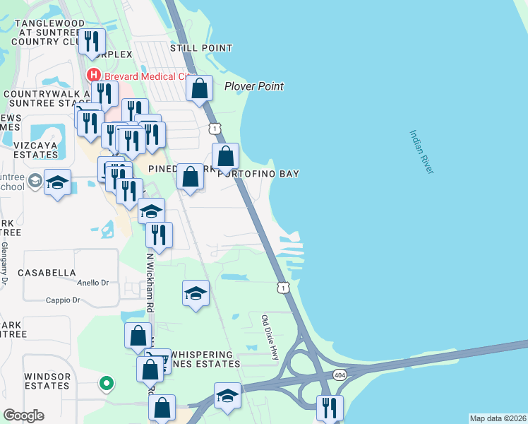 map of restaurants, bars, coffee shops, grocery stores, and more near 6285 U.S. 1 in Melbourne