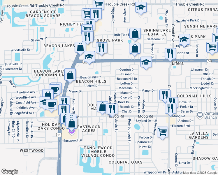 map of restaurants, bars, coffee shops, grocery stores, and more near 4934 Salem Drive in Port Richey