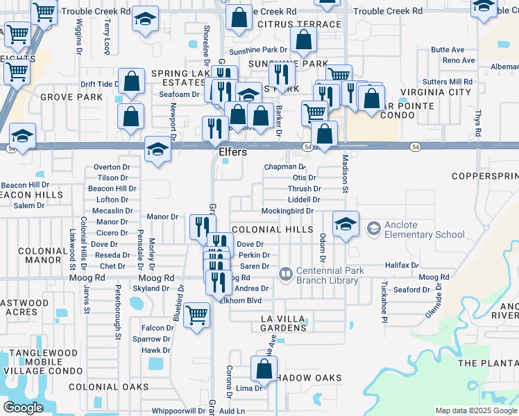 map of restaurants, bars, coffee shops, grocery stores, and more near 3735 Chaffey Drive in Port Richey
