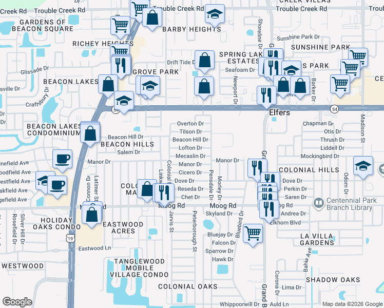 map of restaurants, bars, coffee shops, grocery stores, and more near 5117 Mecaslin Drive in New Port Richey