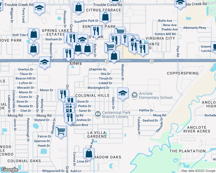 map of restaurants, bars, coffee shops, grocery stores, and more near 5835 Mockingbird Drive in Port Richey