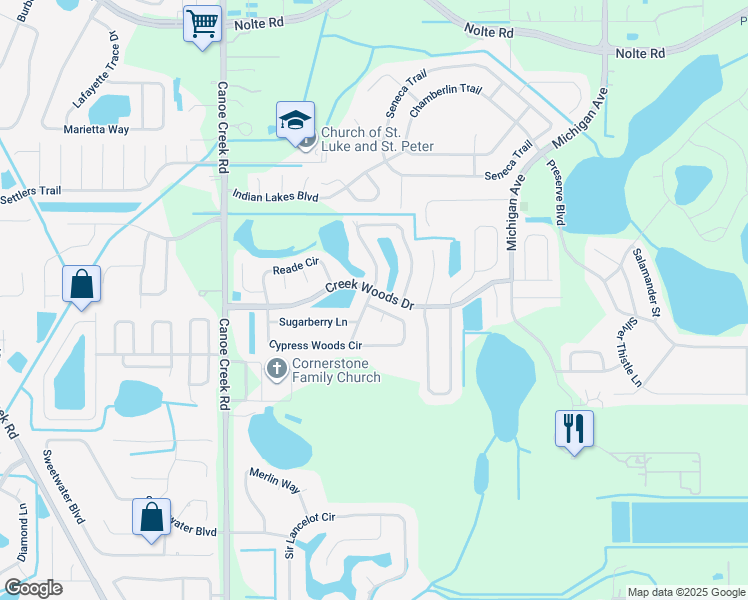 map of restaurants, bars, coffee shops, grocery stores, and more near 1676 Cypress Woods Circle in St. Cloud