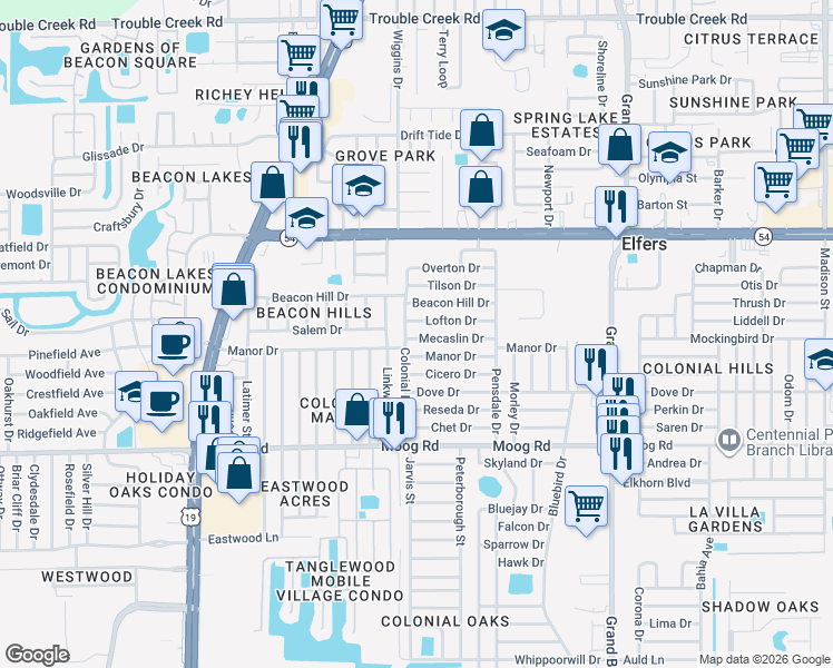 map of restaurants, bars, coffee shops, grocery stores, and more near 5023 Mecaslin Drive in New Port Richey