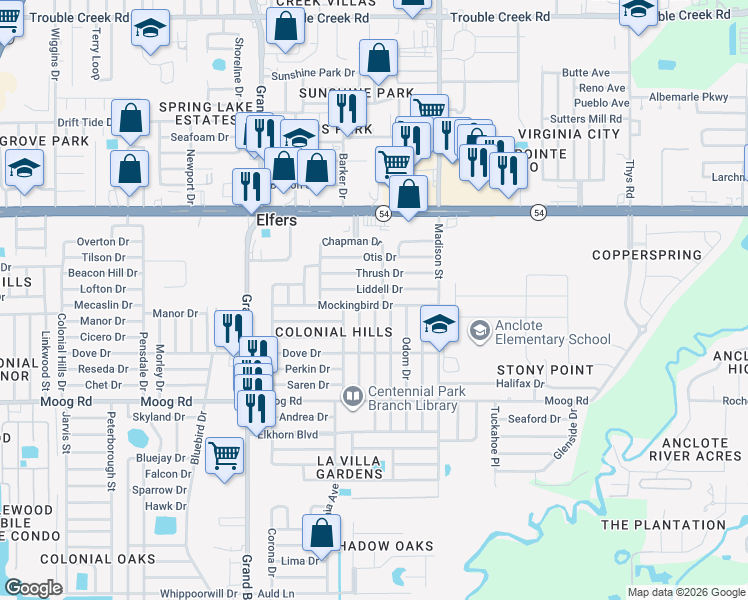 map of restaurants, bars, coffee shops, grocery stores, and more near 5835 Mockingbird Drive in Port Richey