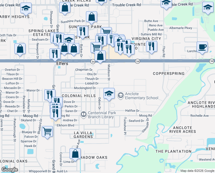 map of restaurants, bars, coffee shops, grocery stores, and more near 5931 Mockingbird Drive in New Port Richey