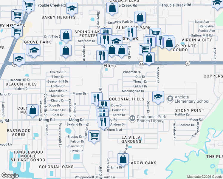 map of restaurants, bars, coffee shops, grocery stores, and more near 3735 Waterbird Drive in NEW PRT RCHY