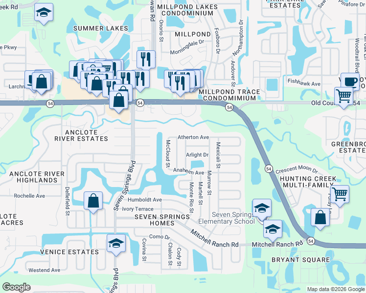 map of restaurants, bars, coffee shops, grocery stores, and more near 3733 Mendocino Street in New Port Richey