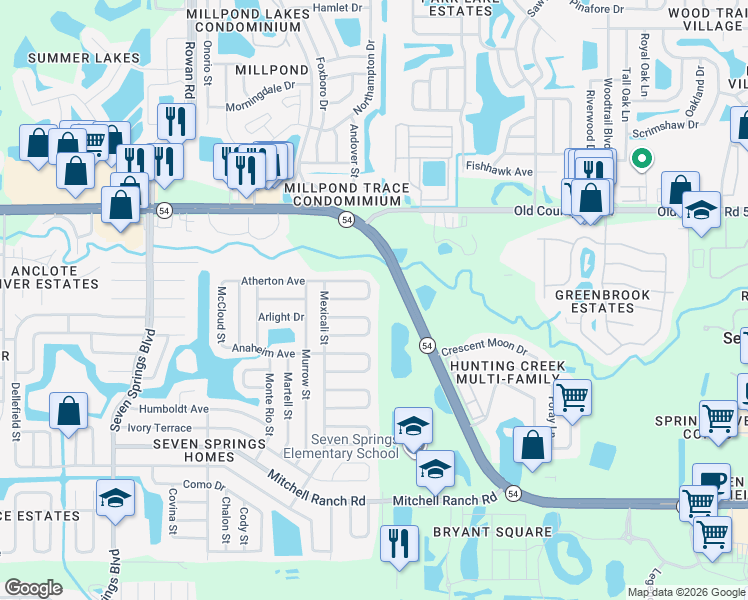 map of restaurants, bars, coffee shops, grocery stores, and more near 7930 Aden Loop in New Port Richey