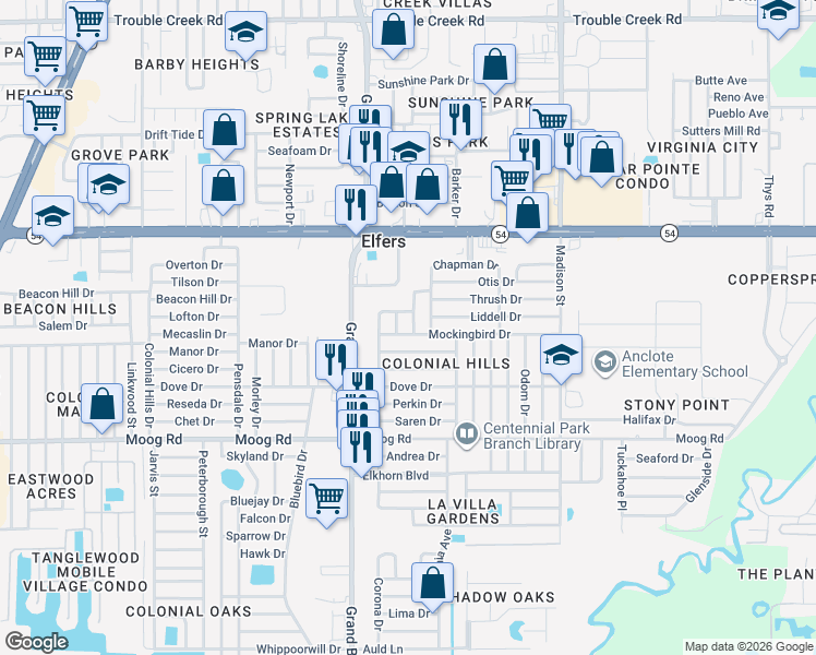 map of restaurants, bars, coffee shops, grocery stores, and more near 3735 Waterbird Drive in Port Richey