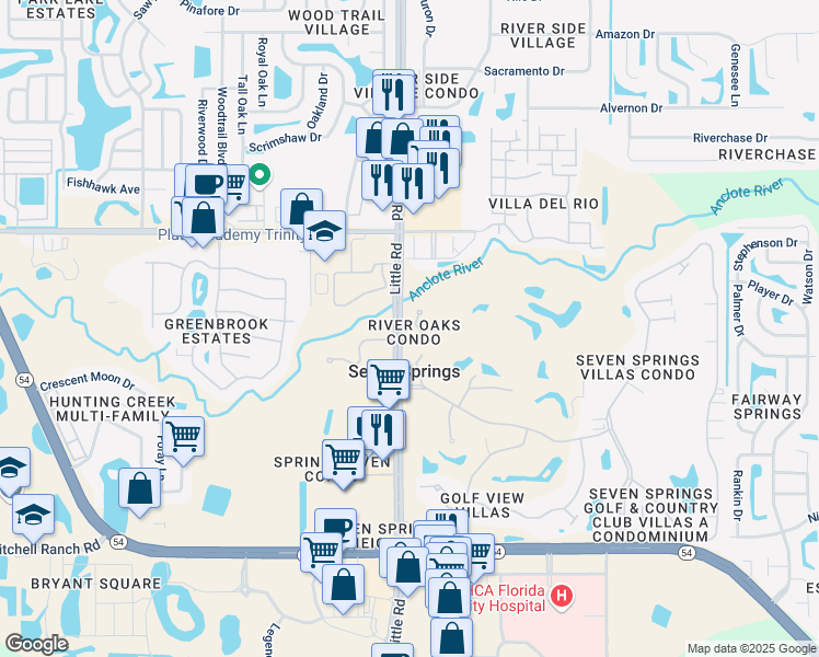 map of restaurants, bars, coffee shops, grocery stores, and more near 3801 River Oaks Court in New Port Richey