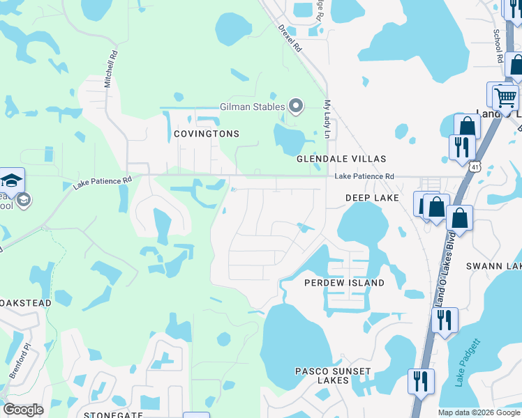 map of restaurants, bars, coffee shops, grocery stores, and more near 3837 Perdew Drive in Land O' Lakes