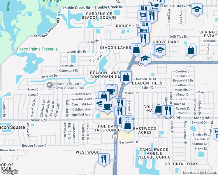 map of restaurants, bars, coffee shops, grocery stores, and more near 3721 U.S. 19 in New Port Richey