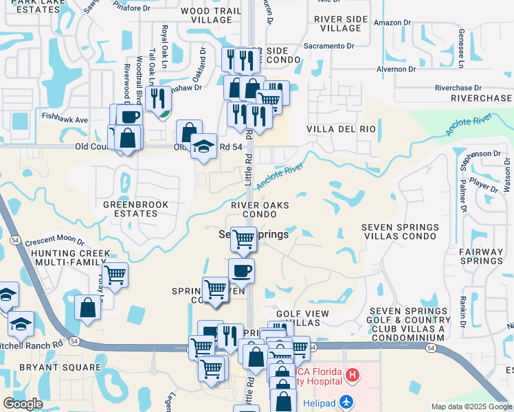 map of restaurants, bars, coffee shops, grocery stores, and more near 3803 River Oaks Court in New Port Richey