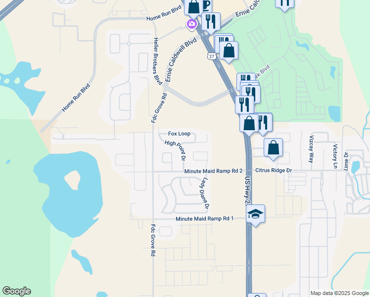 map of restaurants, bars, coffee shops, grocery stores, and more near 242 High Point Drive in Davenport