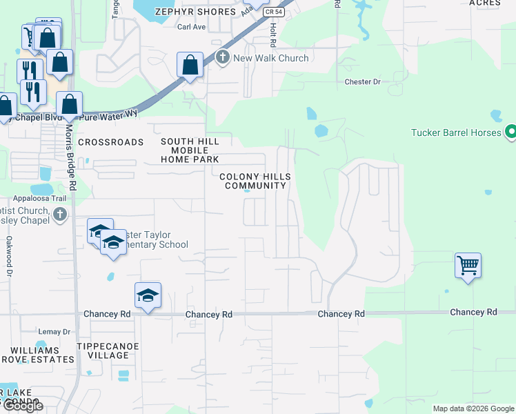 map of restaurants, bars, coffee shops, grocery stores, and more near 3843 William Hume Drive in Zephyrhills