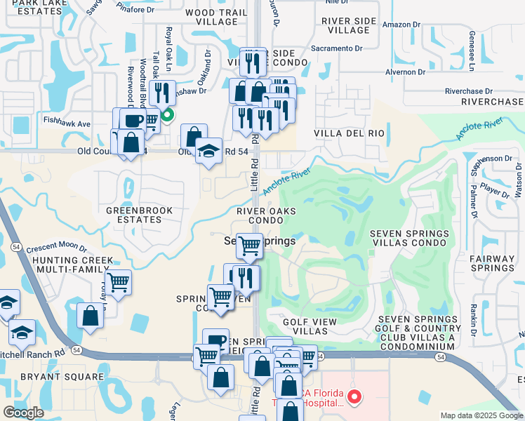 map of restaurants, bars, coffee shops, grocery stores, and more near 3805 River Oaks Court in New Port Richey