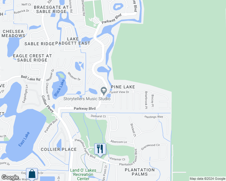 map of restaurants, bars, coffee shops, grocery stores, and more near 19347 Forest View Drive in Land O' Lakes
