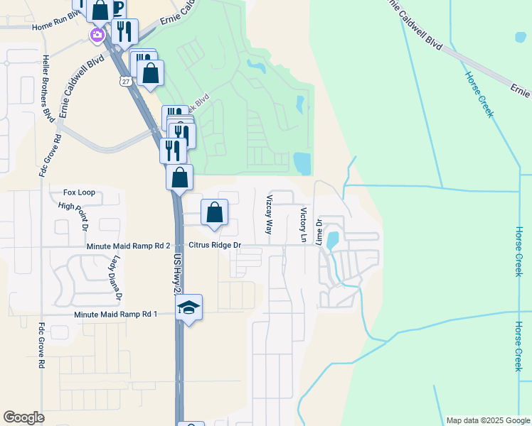 map of restaurants, bars, coffee shops, grocery stores, and more near 247 Vizcay Way in Davenport
