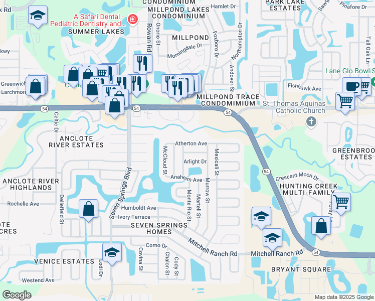 map of restaurants, bars, coffee shops, grocery stores, and more near 7645 Antioch Drive in New Port Richey