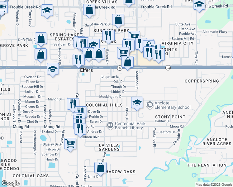 map of restaurants, bars, coffee shops, grocery stores, and more near 5835 Mockingbird Drive in Port Richey