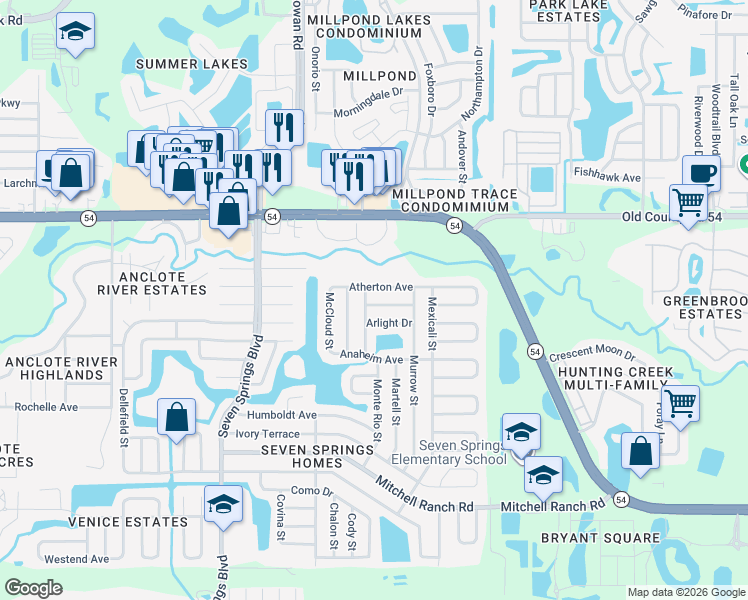 map of restaurants, bars, coffee shops, grocery stores, and more near 7652 Antioch Drive in New Port Richey
