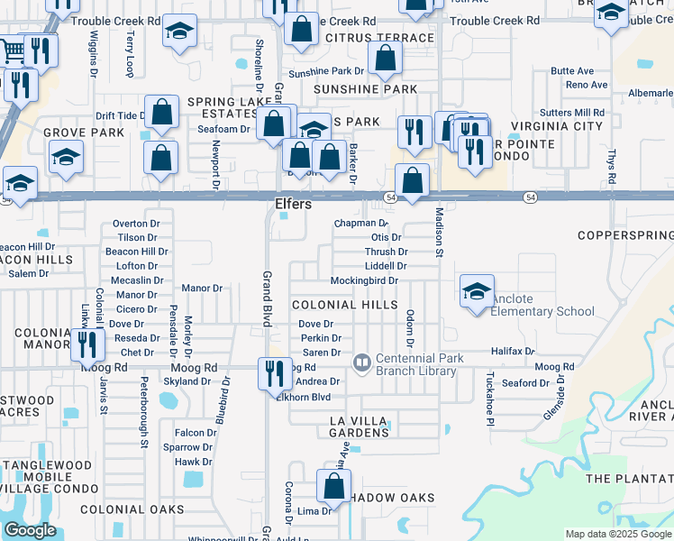 map of restaurants, bars, coffee shops, grocery stores, and more near 3735 Chaffey Drive in Port Richey