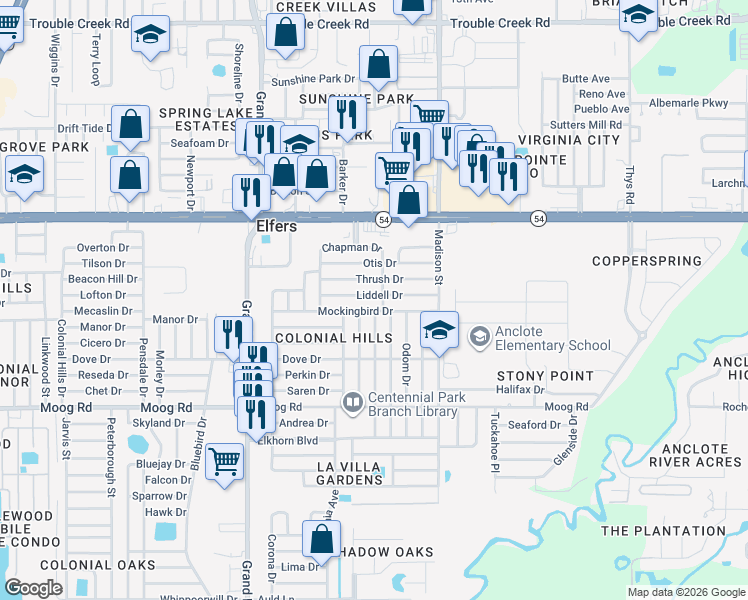 map of restaurants, bars, coffee shops, grocery stores, and more near 5835 Mockingbird Drive in Port Richey