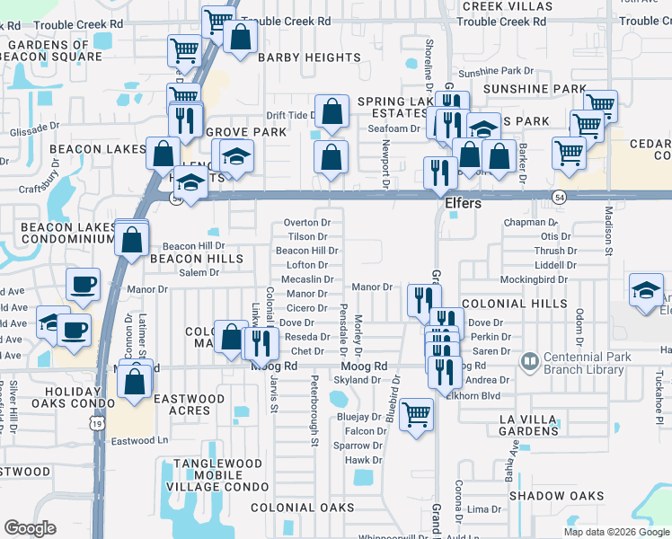 map of restaurants, bars, coffee shops, grocery stores, and more near 3728 Pensdale Drive in Port Richey