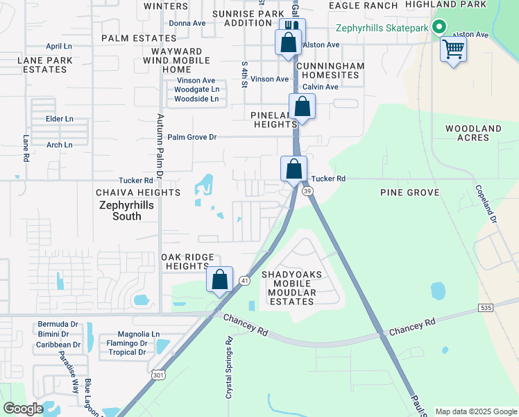 map of restaurants, bars, coffee shops, grocery stores, and more near 3907 Oakhurst Lane in Zephyrhills