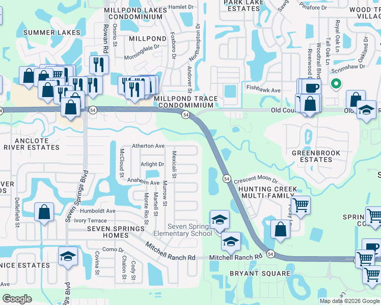 map of restaurants, bars, coffee shops, grocery stores, and more near 7838 Aden Loop in New Port Richey