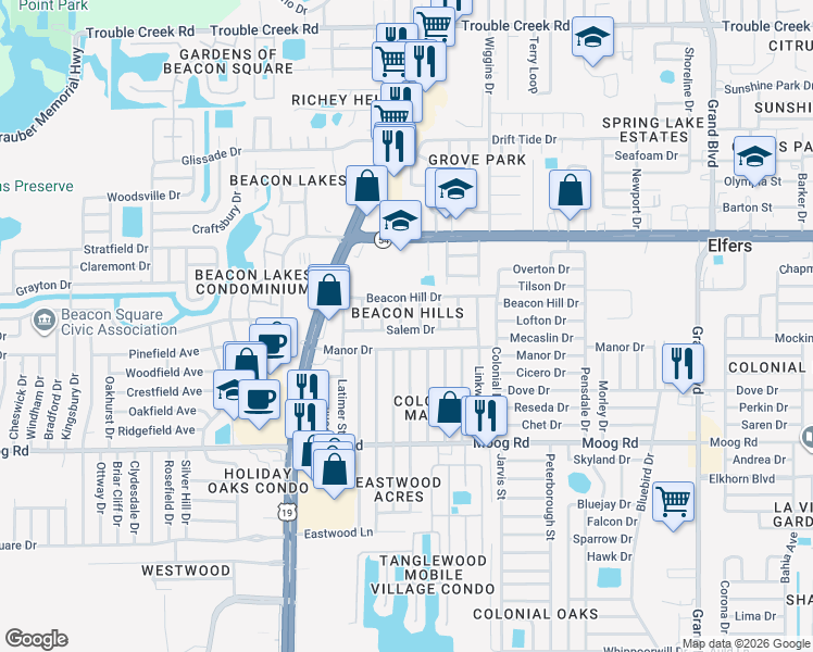 map of restaurants, bars, coffee shops, grocery stores, and more near 4746 Salem Drive in New Port Richey
