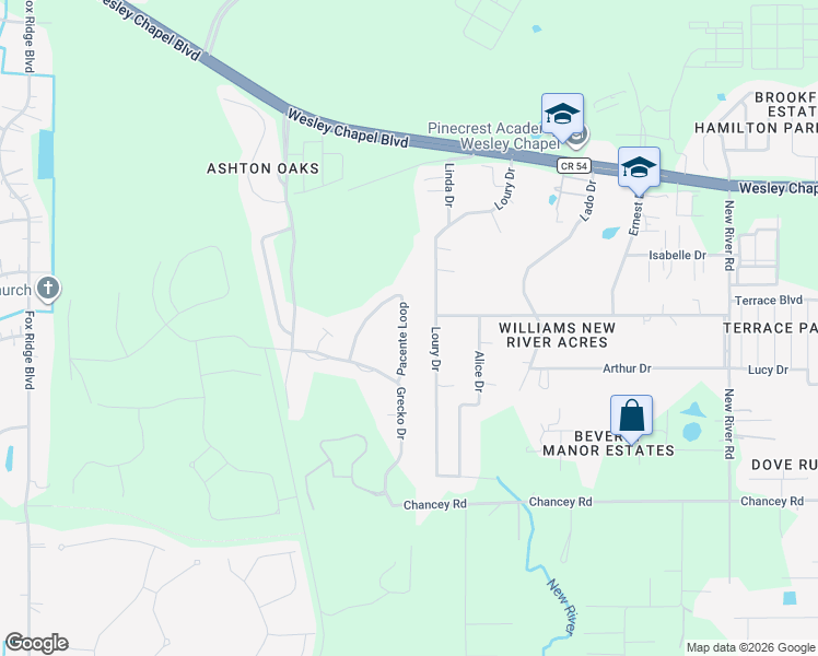 map of restaurants, bars, coffee shops, grocery stores, and more near 3849 Loury Drive in Zephyrhills