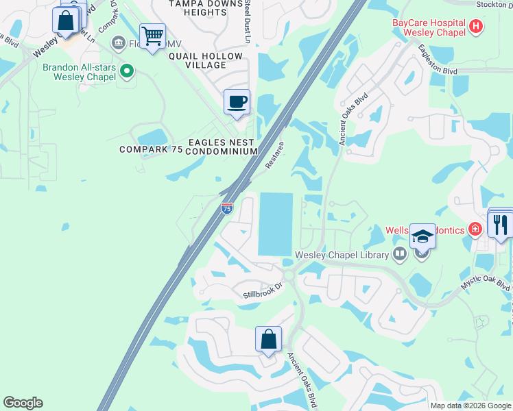 map of restaurants, bars, coffee shops, grocery stores, and more near 3900 Silverlake Way in Wesley Chapel