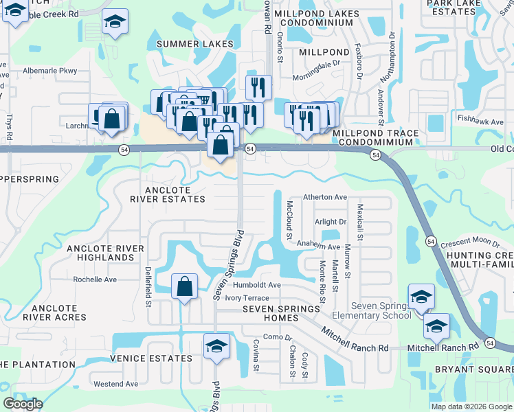 map of restaurants, bars, coffee shops, grocery stores, and more near 7412 Belvedere Terrace in New Port Richey