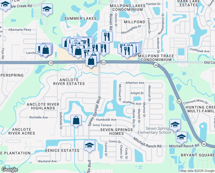 map of restaurants, bars, coffee shops, grocery stores, and more near 7431 Belvedere Terrace in New Port Richey