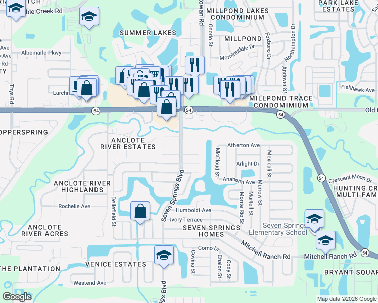 map of restaurants, bars, coffee shops, grocery stores, and more near 7412 Belvedere Terrace in New Port Richey