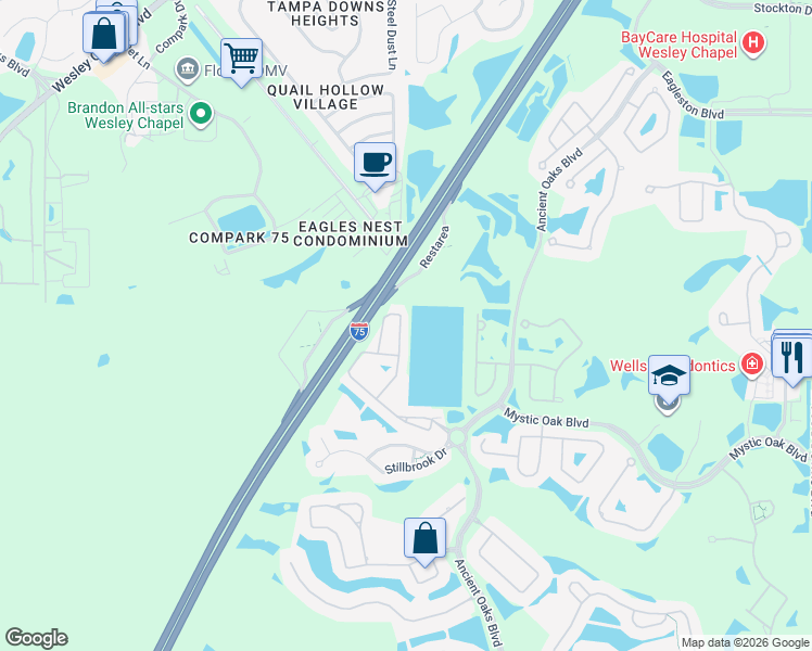 map of restaurants, bars, coffee shops, grocery stores, and more near 3900 Silverlake Way in Wesley Chapel