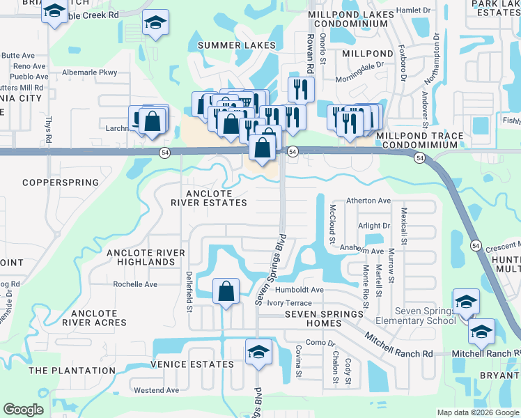 map of restaurants, bars, coffee shops, grocery stores, and more near 7316 Belvedere Terrace in New Port Richey