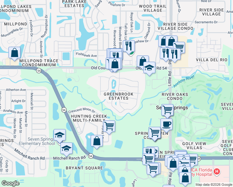 map of restaurants, bars, coffee shops, grocery stores, and more near 3731 Montclair Drive in New Port Richey