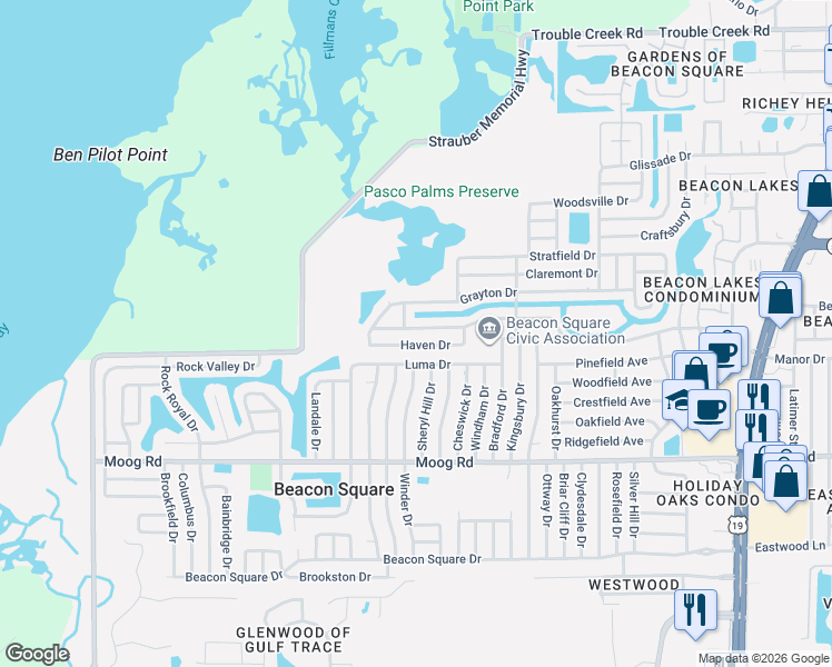 map of restaurants, bars, coffee shops, grocery stores, and more near 3735 Haven Drive in Port Richey