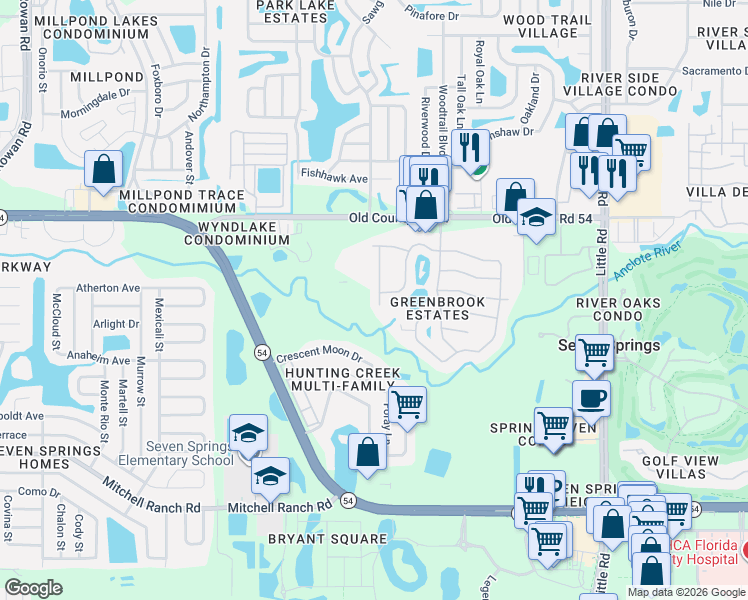 map of restaurants, bars, coffee shops, grocery stores, and more near 3745 Thornbush Lane in New Port Richey