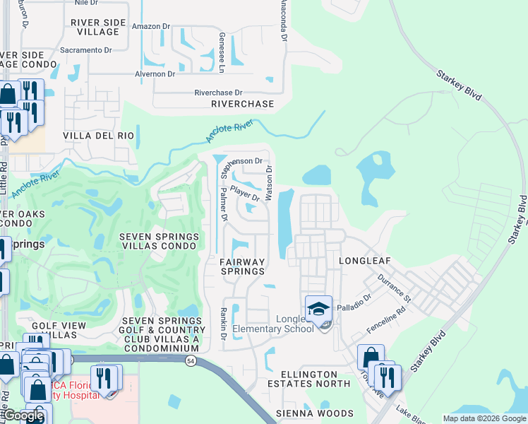 map of restaurants, bars, coffee shops, grocery stores, and more near 3722 Player Drive in New Port Richey